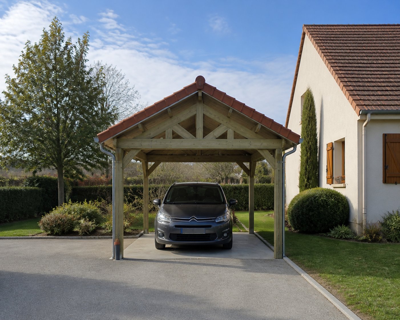 Rendu 3D Living Concept d’un carport bois sur mesure pour une voiture