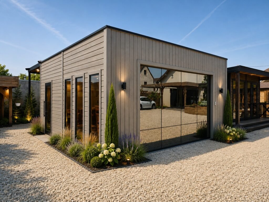 Garage en bois gris avec porte vitrée à effet miroir