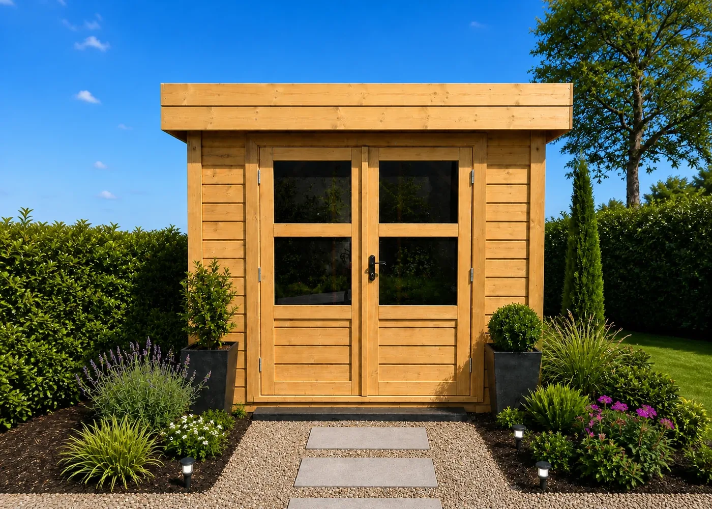 Abri de jardin en bois effet toit plat avec légère pente dissimulée et porte double vitrée Living Concept
