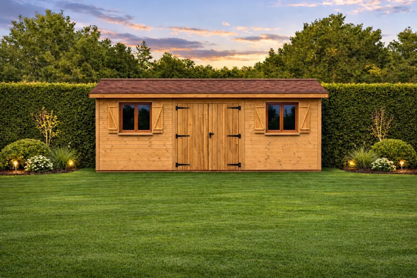 Abri de jardin monopente Living Concept en bois avec porte double et deux fenêtres à volets