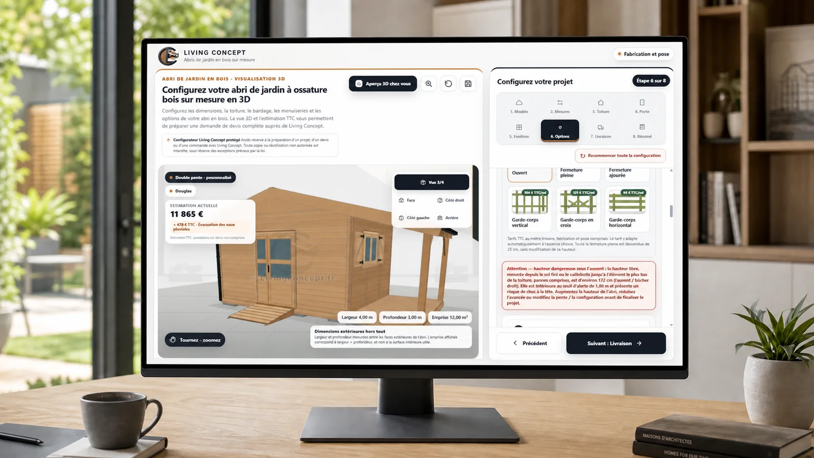 Configurateur 3D Living Concept affichant un abri de jardin double pente personnalisé et son estimation TTC