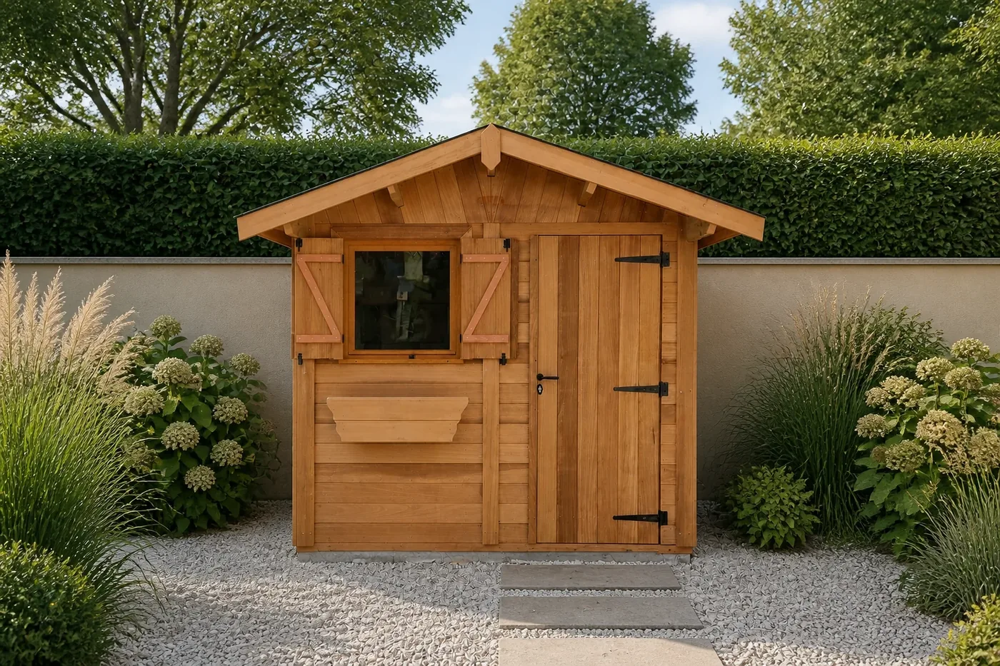 Abri de jardin double pente Living Concept avec porte simple et fenêtre à volets dans un jardin paysager