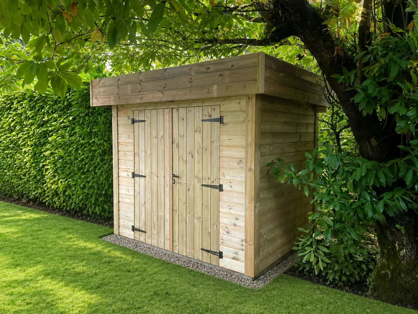 Abri de jardin à toit plat Living Concept avec double porte installé sous un arbre