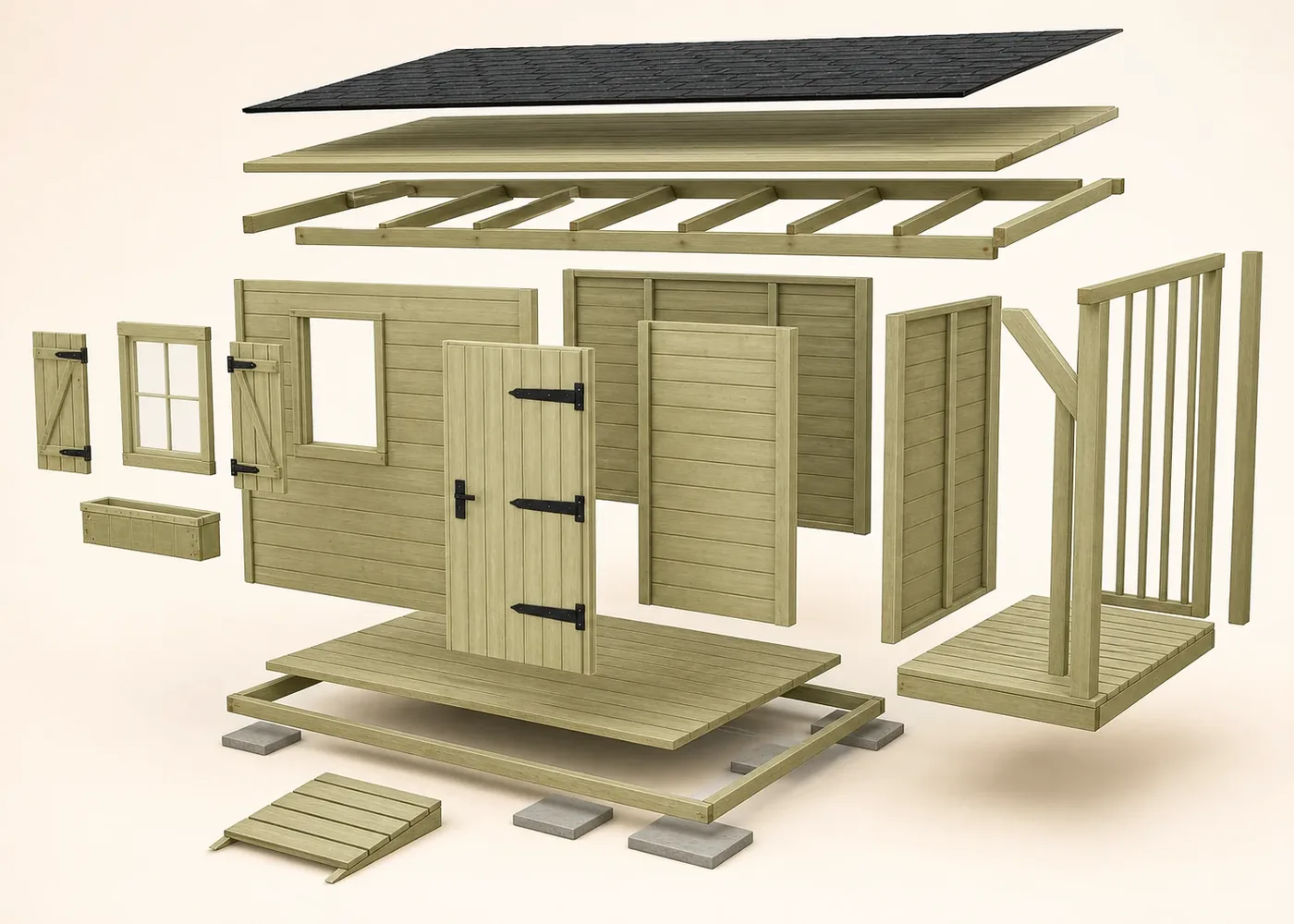 Vue technique éclatée d’un abri de jardin monopente Living Concept avec porte, fenêtre, volets, jardinière et espace couvert latéral séparés