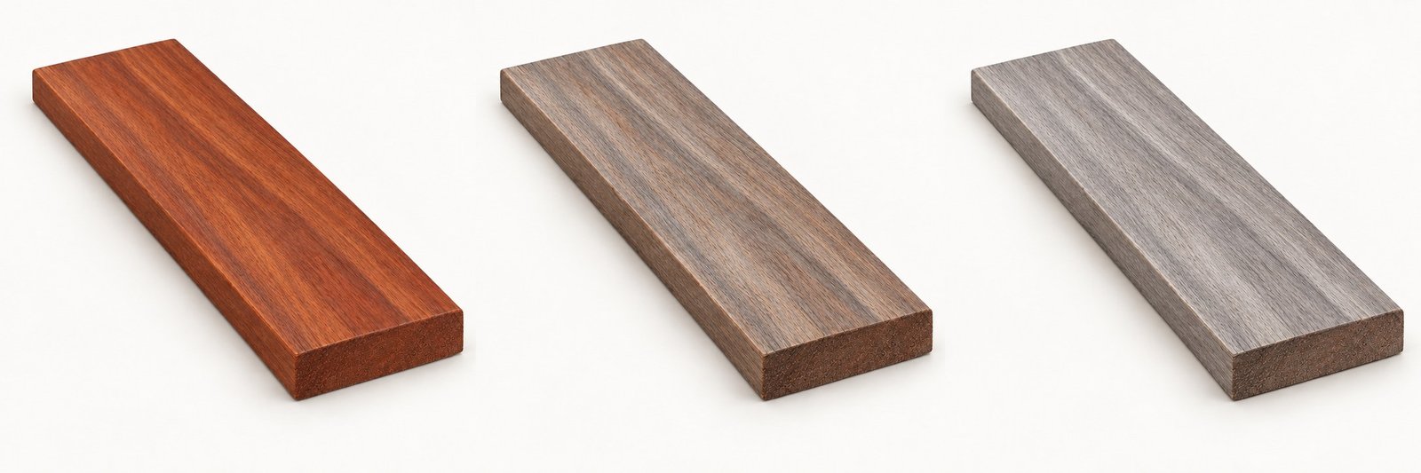 Jatoba : simulation indicative de la patine à la pose, après un an et après deux ans