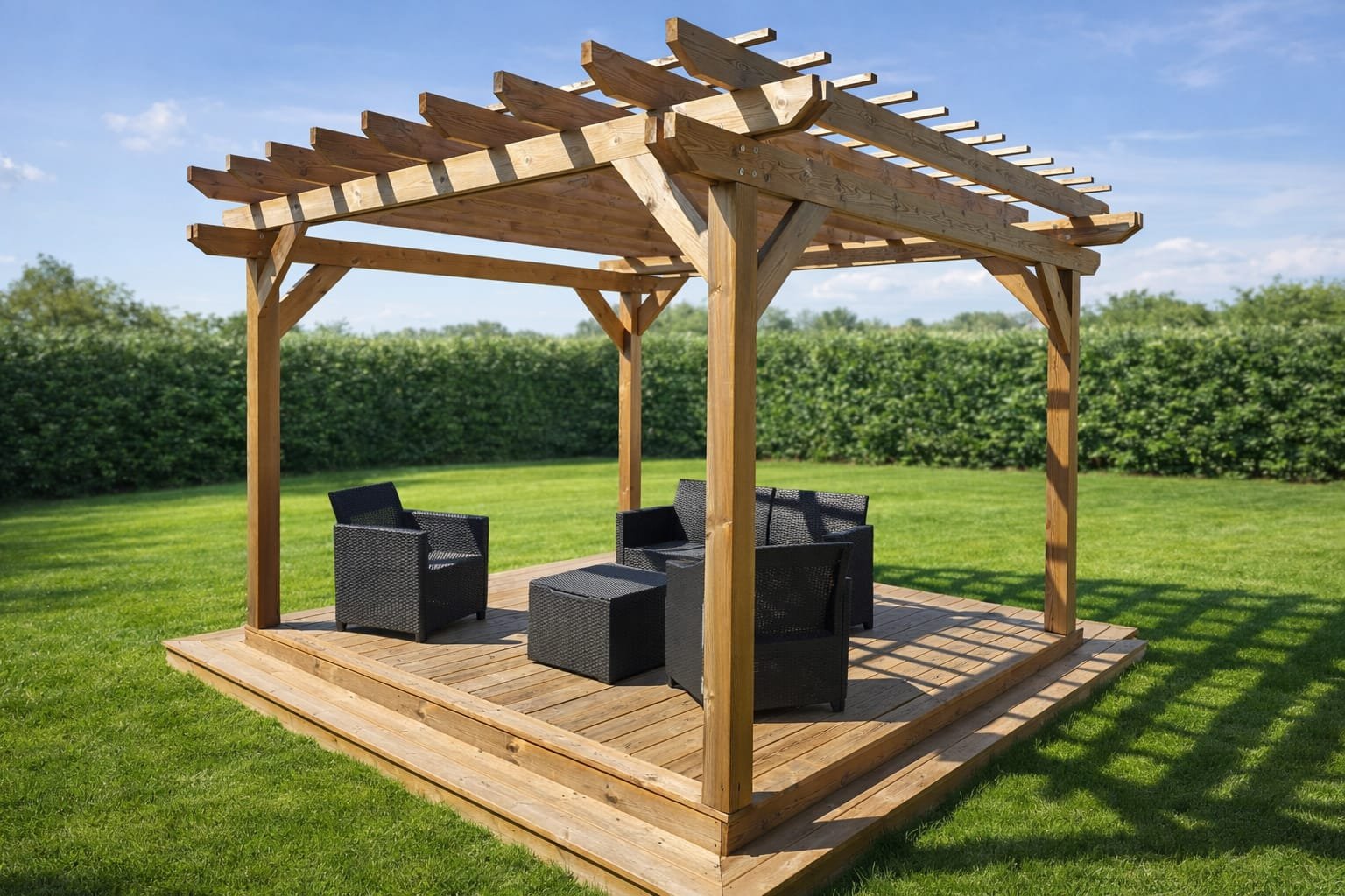 Pergola bois autoportante avec terrasse en bois et salon de jardin